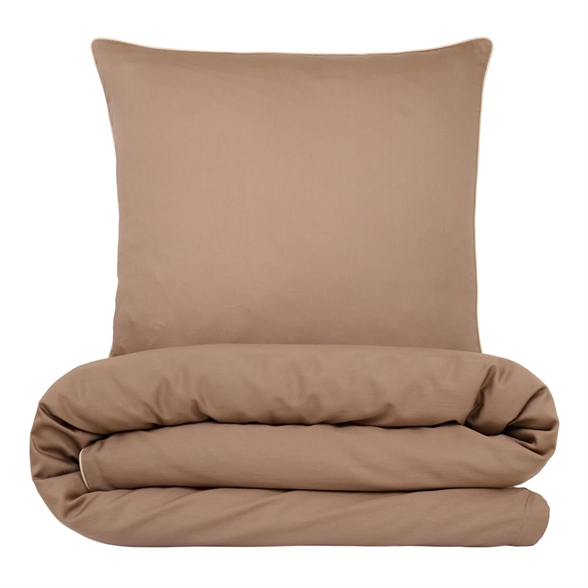 Sengetøj 140x220 cm - Bomuldssatin - Una - Taupe med beige piping - Luna Denmark